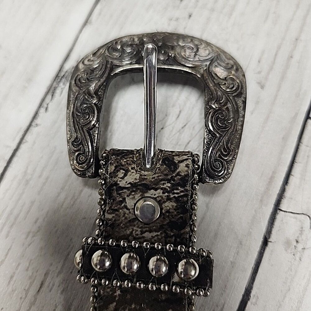 VTG Y2K Leather Buckle Belt NOCONA Animal Print 24 S Western RHINESTONE Studded - Picture 5 of 12